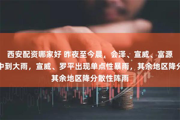 西安配资哪家好 昨夜至今晨，会泽、宣威、富源、罗平降中到大雨，宣威、罗平出现单点性暴雨，其余地区降分散性阵雨